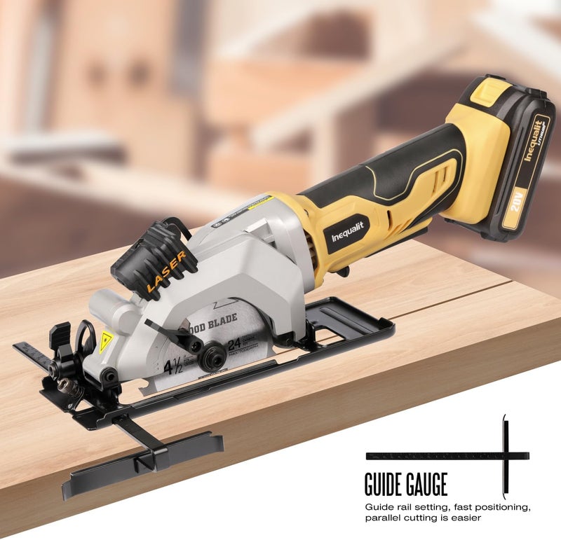 Inequalit Mini Circular Saw, 3400 RPM 4-1/2 Inch Cordless Circular Saw with Laser Guide, Rip Guides, 2 Blades (24T Wood + 60T Metal), Max Cutting Depth 1-11/16" (90°), 1-1/8" (45°)" - Image 5